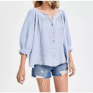 NWT Free People Blue Gauzy Lucy Cotton Button-Front Swing Blouse - Women's Large